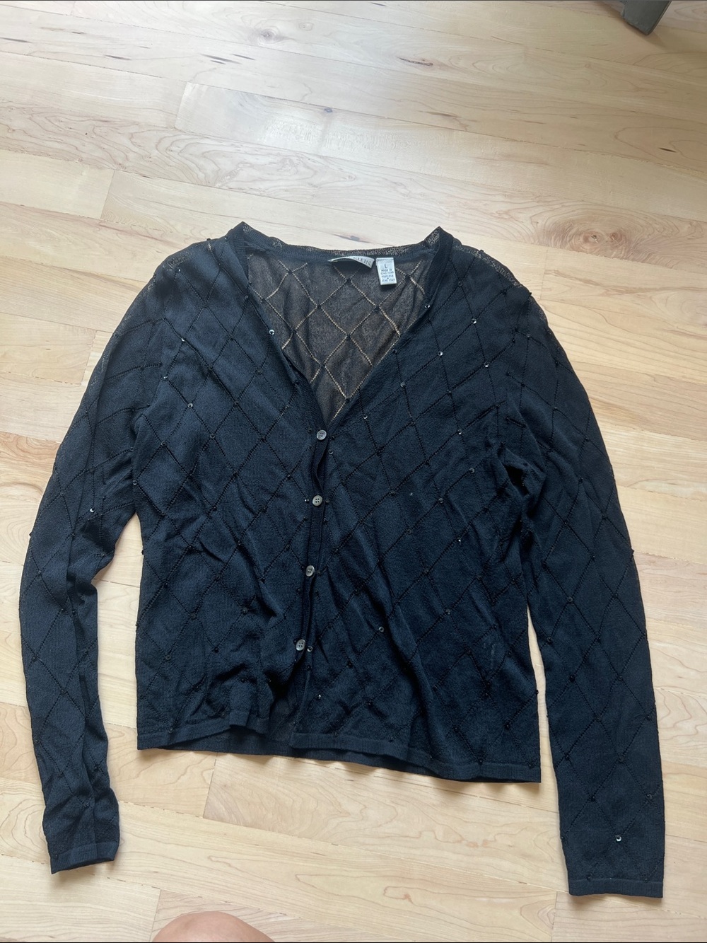 Black Beaded V-Neck Button Cardigan Sweater